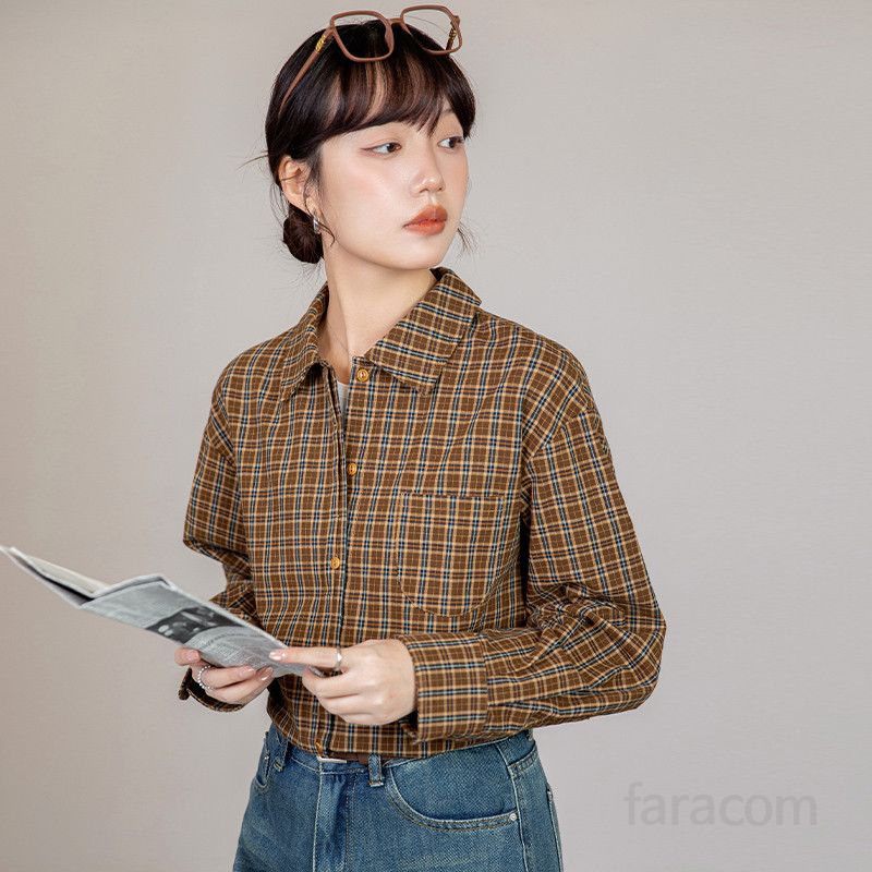 여성용 체크 긴팔 셔츠 얇고 느슨한 폴로 칼라 재킷 스타일 캐주얼한 외출용 데일리 셔츠 편안한 착용감 트렌디한 디자인 - 상세 이미지 3