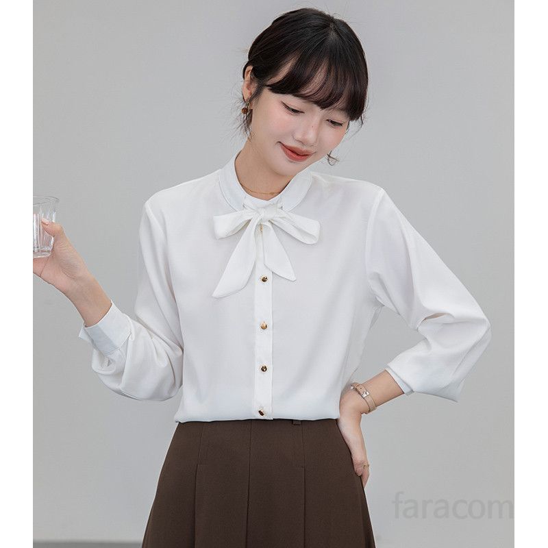 여성용 흰색 긴팔 셔츠 봄 가을 스타일 프렌치 나비넥타이 디자인 세련된 올매치 셔츠 데일리룩 고급스러운 분위기 연출 가능한 캐주얼 아이템 - 상세 이미지 3