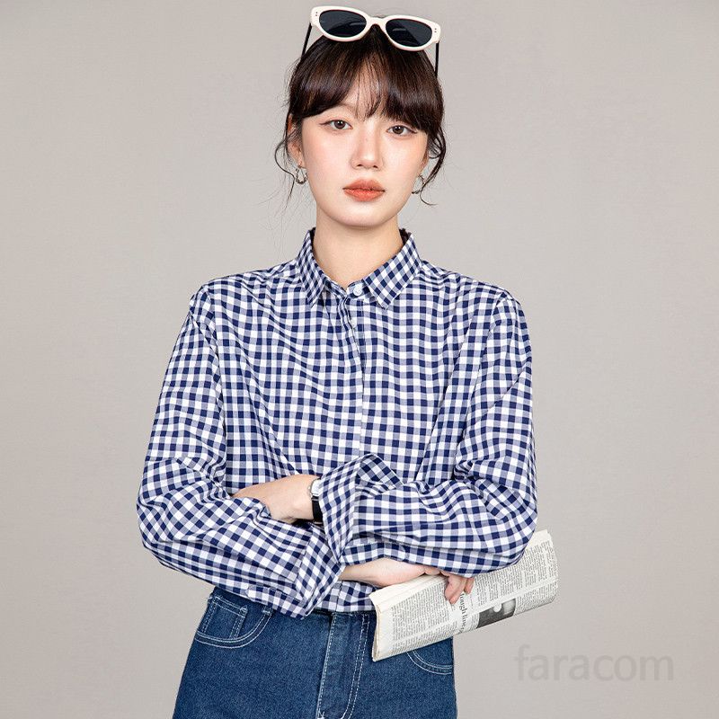 여성 긴팔 코튼 셔츠 파란색 체크 패턴 스타일리시한 세련된 디자인 캐주얼한 기질 편안한 착용감 데일리 간절기용 상의 - 상세 이미지 2
