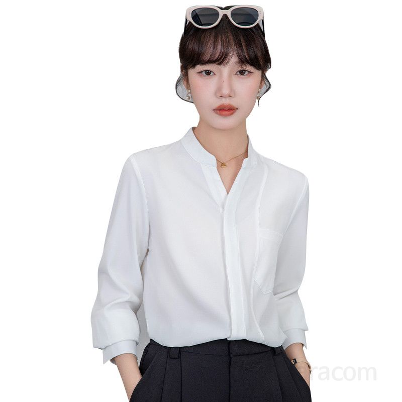 여성용 긴팔 셔츠 블루 V넥 디자인 구김없는 통근용 링클프리 스타일 데일리 엘레강스 블라우스 - 상세 이미지 5