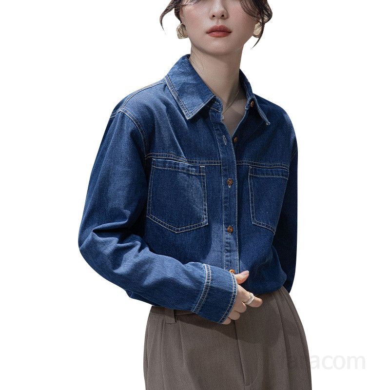 여성 데님 셔츠 루즈핏 롱슬리브 홍콩 스타일 봄 가을 캐주얼 레이어드 가능 시원한 착용감 레트로 감성 - 상세 이미지 5