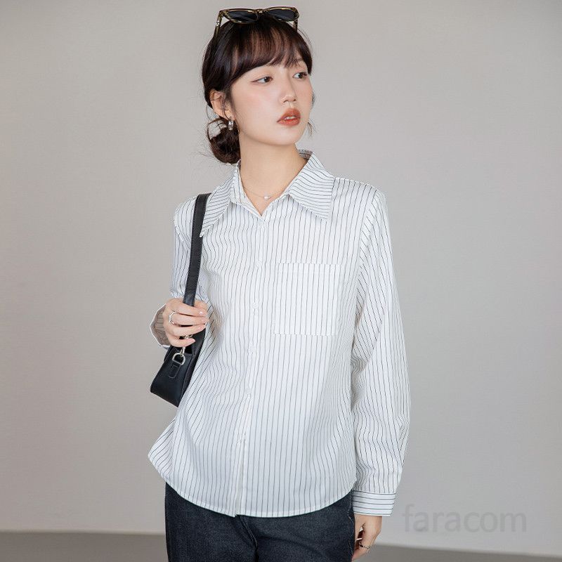 여성 스트라이프 셔츠 봄 출근용 루즈핏 코튼 탑 세로 패턴 구김없는 스타일리시한 데일리룩 편안한 착용감 레트로 패션 - 상세 이미지 4