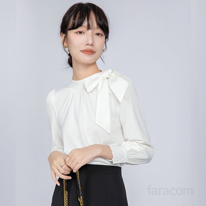 리본 블라우스 여성 여름 화이트 새틴 셔츠 출퇴근 면접용 시원한 착용감 데일리 이너 스타일링 쉬폰 소재 - 상세 이미지 5