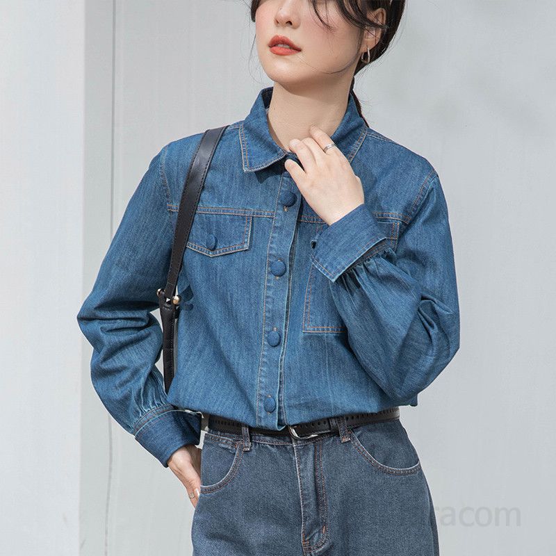 여성 루즈핏 데님 셔츠 청남방 봄 가을 레이어드 스타일 긴팔 캐주얼 여유로운 착용감 홍콩 레트로 감성 외출용 데일리 탑 - 상세 이미지 2