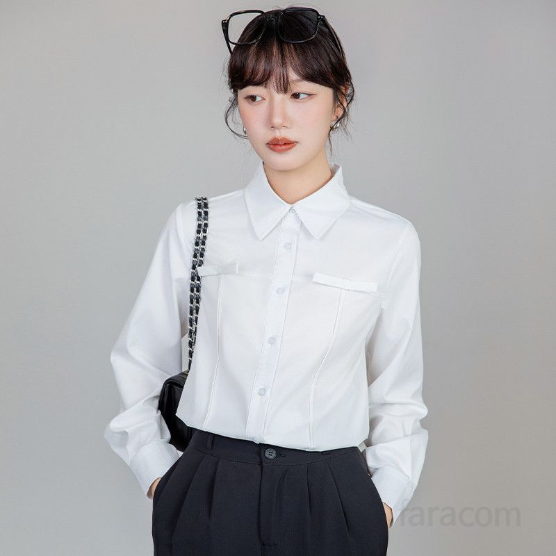 리본 플리츠 긴팔 셔츠 여성 가을용 루즈핏 블라우스 코디 쉬운 데일리 스타일 여성 의류 모던한 디자인 - 상품 이미지