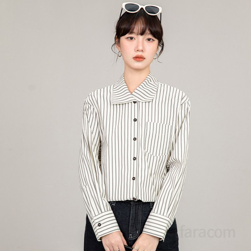 여성 스트라이프 셔츠 가을 신상 블루 세련된 긴팔 이너탑 출퇴근용 구김없는 편안한 데일리 셔츠 자켓 스타일 모던한 디자인 여성의류 - 상품 이미지