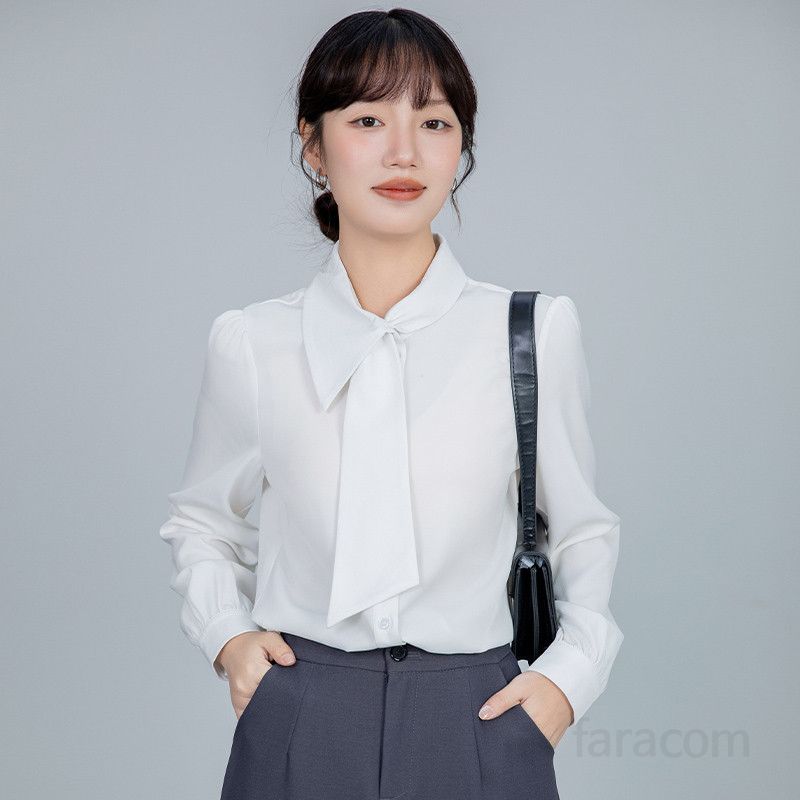 여성 비대칭 칼라 셔츠 긴팔 봄 가을 데일리 출퇴근용 루즈핏 블라우스 스타일리시한 심플 디자인 다양한 코디 활용 가능 편안한 착용감 - 상품 이미지