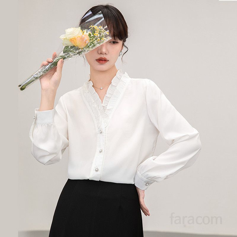 여성 화이트 셔츠 코튼 V넥 블라우스 봄 여름 데일리 스타일 시원한 착용감 통근용 캐주얼 탑 고급스러운 디자인 - 상품 이미지