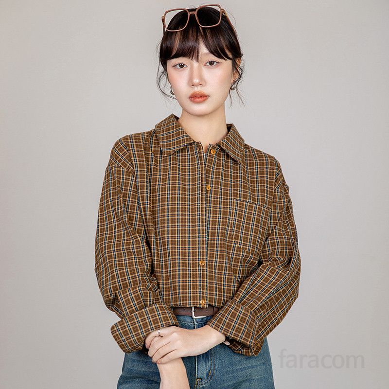 여성용 체크 긴팔 셔츠 얇고 느슨한 폴로 칼라 재킷 스타일 캐주얼한 외출용 데일리 셔츠 편안한 착용감 트렌디한 디자인 - 상품 이미지