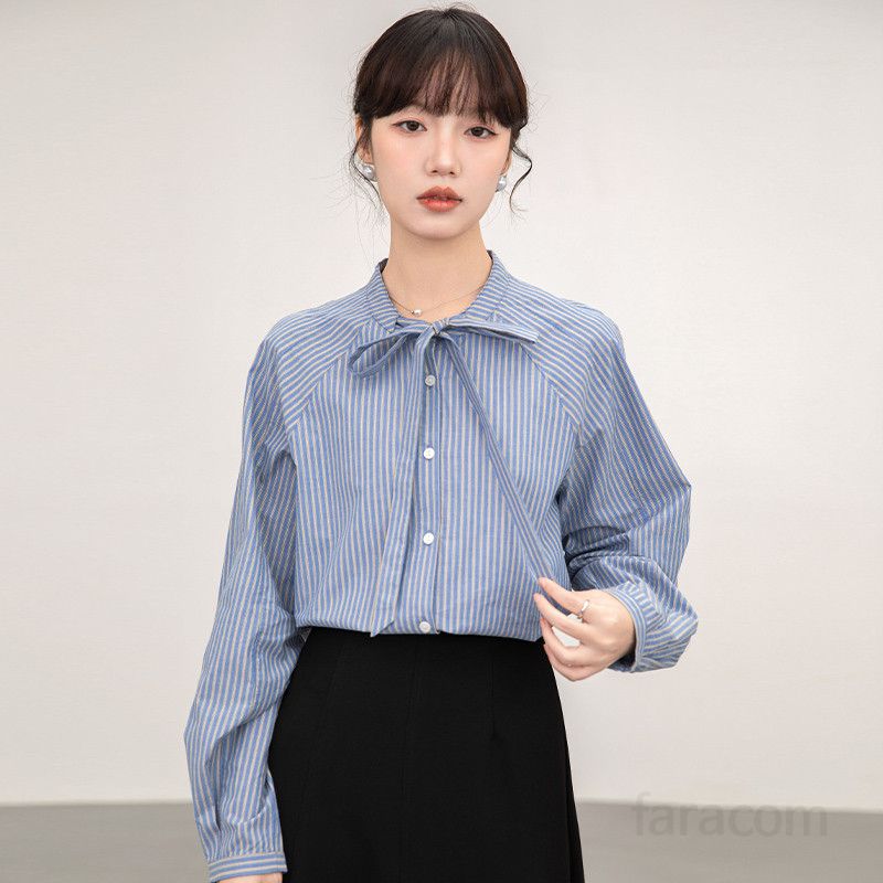 여성 슬림핏 레트로 스트라이프 셔츠 긴팔 레이스업 탑 세련된 블라우스 스타일 데일리 캐주얼 룩 봄 가을용 모던한 매력 - 상세 이미지 4