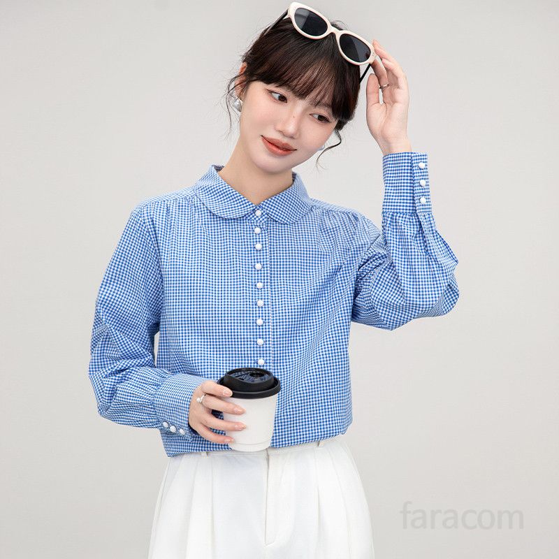 여성 블루 체크 긴팔 셔츠 봄 가을 캐주얼 스타일 다용도 코튼 셔츠 시원한 착용감 편안한 외출용 - 상세 이미지 4