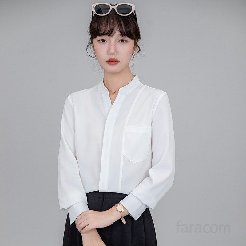 여성용 긴팔 셔츠 블루 V넥 디자인 구김없는 통근용 링클프리 스타일 데일리 엘레강스 블라우스 - 상세 이미지 3