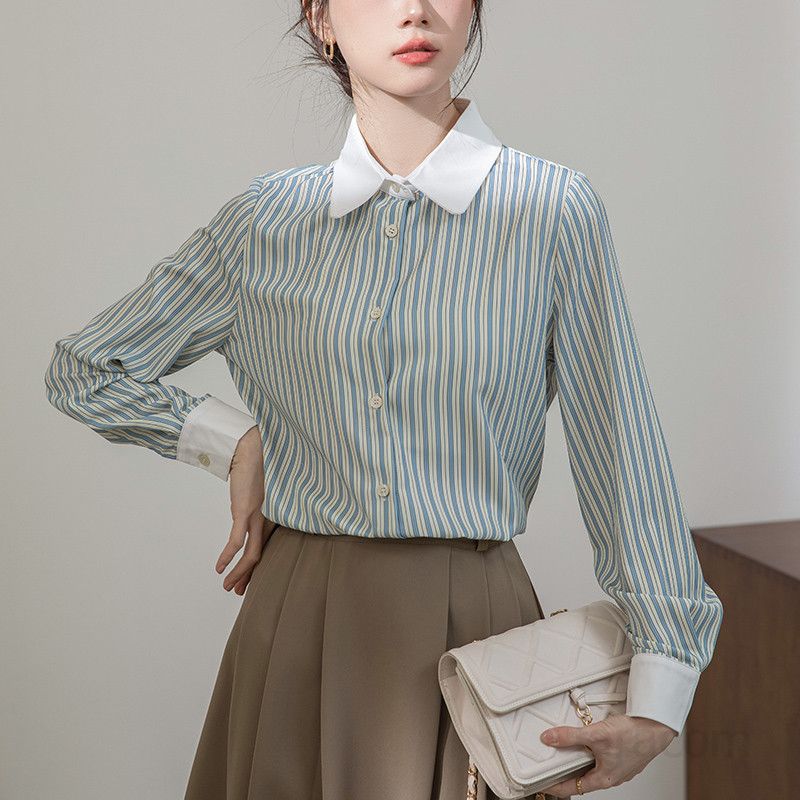 여성 긴팔 스트라이프 셔츠 봄 여름 캐주얼 코튼 남방 시원한 착용감 데일리 스타일 세련된 디자인 편안한 외출용 - 상세 이미지 3
