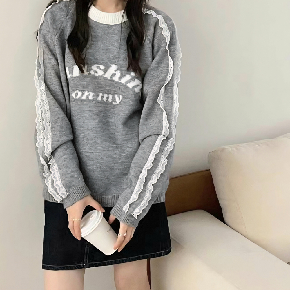 박시 맨투맨 레터링 니트 레이스스웨터 - 상세 이미지 3