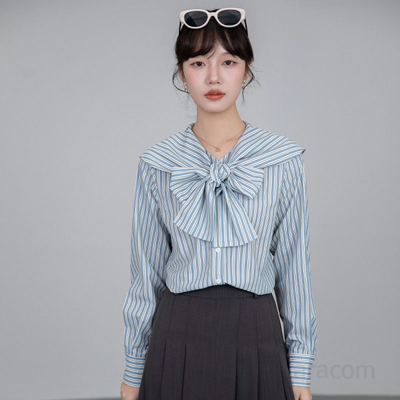 여성 루즈핏 스트라이프 셔츠 네이비 칼라 긴팔 프렌치 디자인 봄 스타일 구김없는 캐주얼 블라우스 데일리 패션 편안한 착용감 - 상세 이미지 2