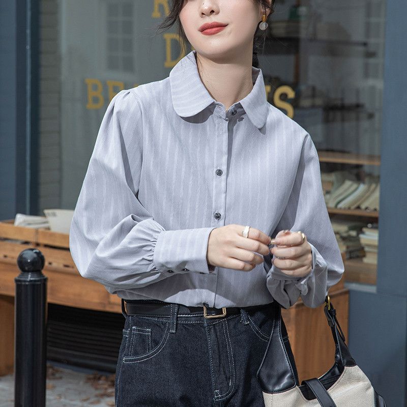 여성 스트라이프 긴팔 셔츠 레트로 스타일 코튼 소재 봄 가을 캐주얼 디자인 편안한 착용감 시원한 데일리룩 니치 패션 - 상세 이미지 5