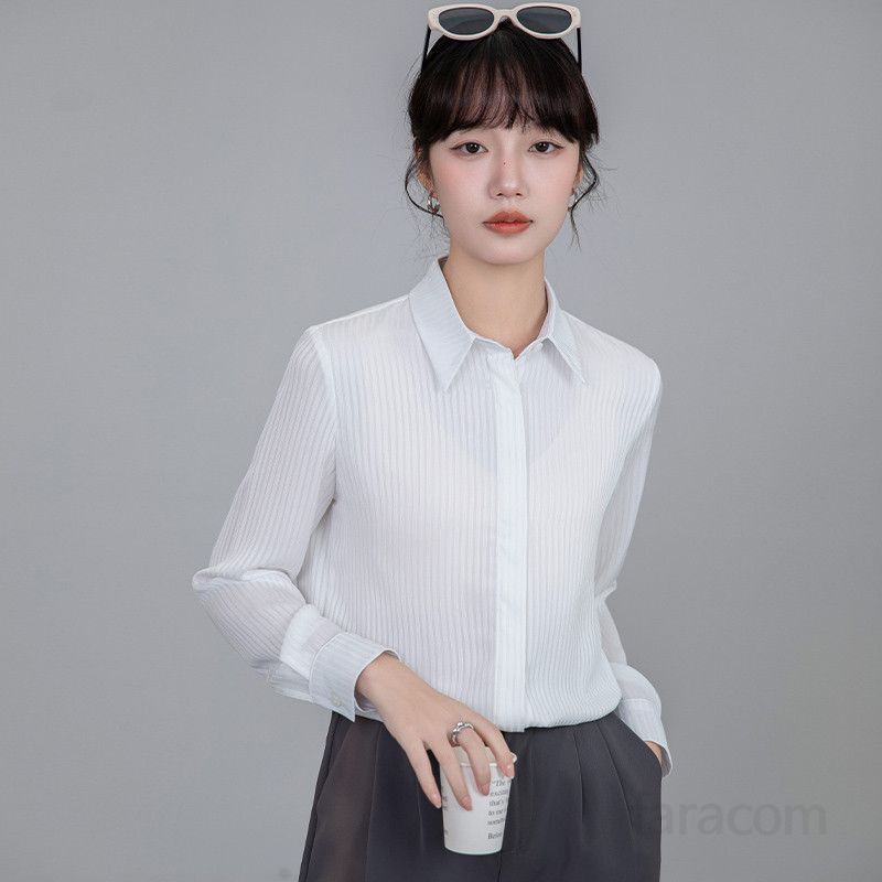 여성 새틴 스트라이프 셔츠 긴팔 드레이프 디자인 봄 여름용 캐주얼 데일리 블라우스 시원한 착용감 고급스러운 스타일 - 상세 이미지 4