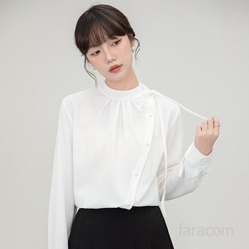 화이트 여성 긴팔 셔츠 출퇴근 면접용 봄 가을 루즈핏 블라우스 편안한 착용감 데일리 스타일링 활용 가능한 고급스러운 디자인 - 상품 이미지