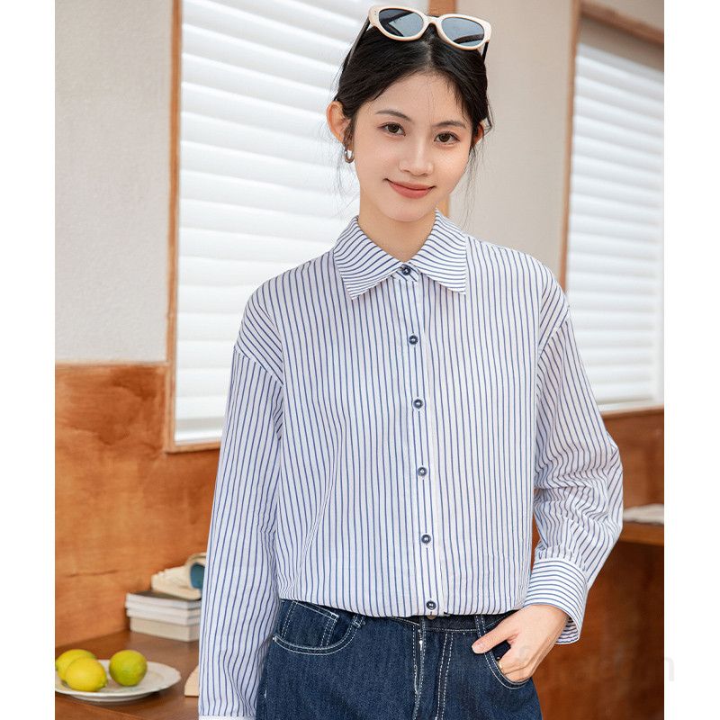 여성용 스트라이프 긴팔 셔츠 캐주얼한 데일리룩 오버핏 스타일 시원한 코튼 소재 봄 가을 활용도 높은 착용감 편안한 셔츠 칼라 디자인 - 상세 이미지 5