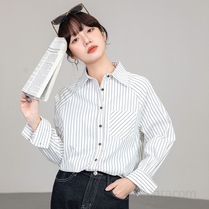 여성 스트라이프 긴팔 셔츠 가을 캐주얼 슬림핏 코튼 남방 데일리 오버핏 스타일 구김없는 편안한 착용감 다용도 디자인 - 상세 이미지 2