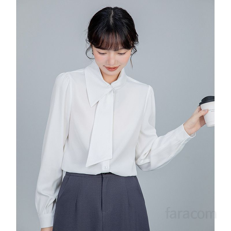 여성 비대칭 칼라 셔츠 긴팔 봄 가을 데일리 출퇴근용 루즈핏 블라우스 스타일리시한 심플 디자인 다양한 코디 활용 가능 편안한 착용감 - 상세 이미지 5
