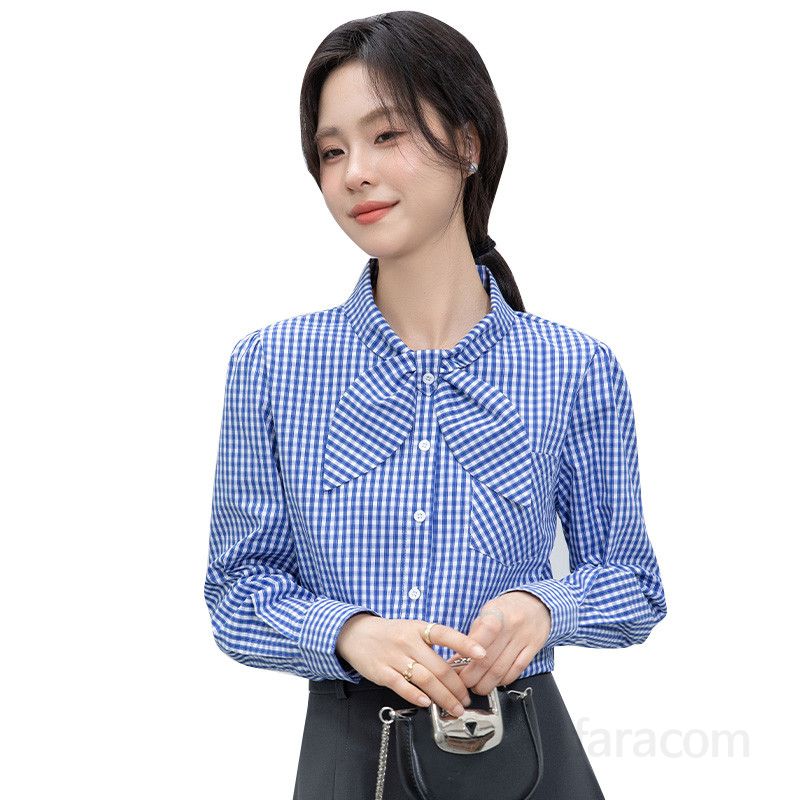 여성 고급 레이스 긴팔 셔츠 프렌치 스타일 블라우스 봄 가을 데일리 루즈핏 캐주얼 착용감 편안한 빈티지 감성 코디 가능한 플레드 디자인 - 상세 이미지 5