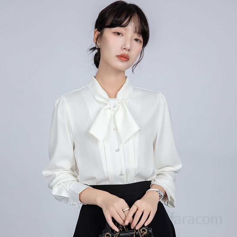 여성 리본 새틴 화이트 셔츠 우아한 봄여름 블라우스 데일리룩 인터뷰 오피스룩 통기성 좋은 편안한 착용감 시스루 스타일 매력적인 디자인 - 상세 이미지 2