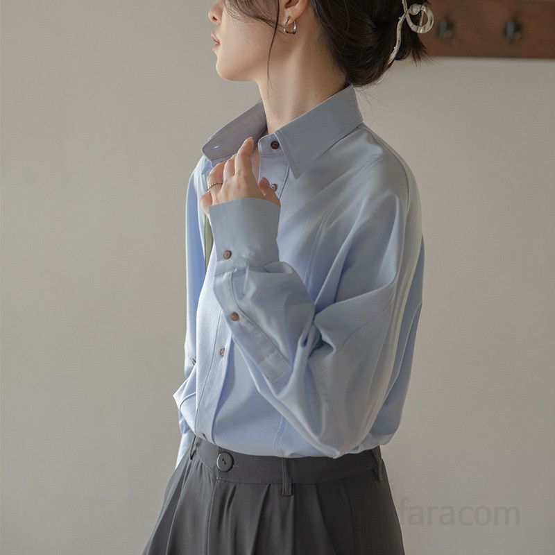 구김없는 여성 긴팔 링클프리 셔츠 프렌치 블루 디자인 세련된 데일리룩 니치 스타일 편안한 착용감 가을 여성 상의 - 상세 이미지 5