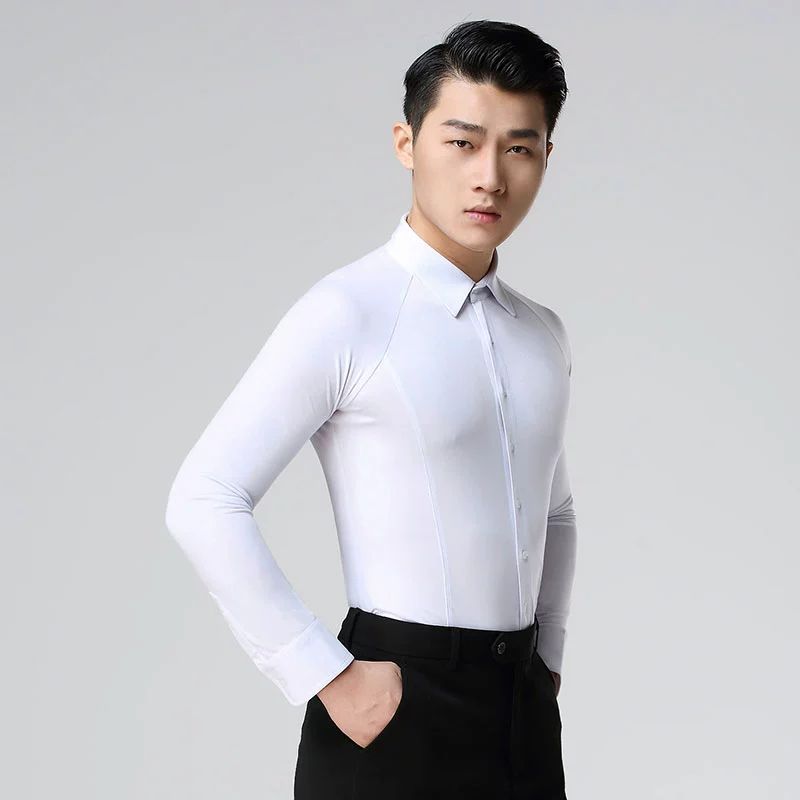 남자댄스복 남성 라틴 팬츠 브이넥 왈츠 대회 스포츠댄스 남성 슬림핏 긴팔 셔츠 블랙 S - 상세 이미지 3