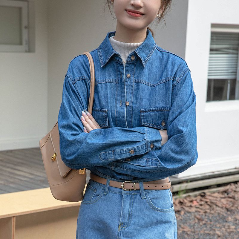 여성 데님 셔츠 탑 레트로 스타일 순면 워시드 소프트 긴팔 블라우스 캐주얼한 라펠 디자인 구김없는 편안한 착용감 데일리 여성의류 - 상세 이미지 2