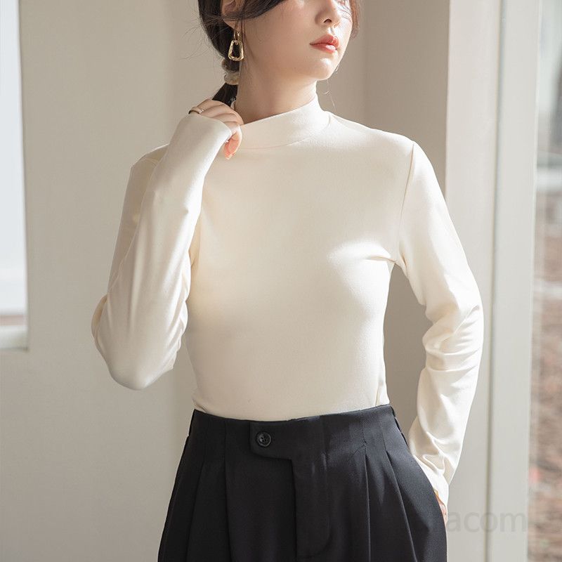 여성 긴팔 슬림핏 하이칼라 티셔츠 가을 데일리 따뜻한 착용감 레이어드 스타일 독일산 벨벳 소재 고급스러운 디자인 - 상세 이미지 2