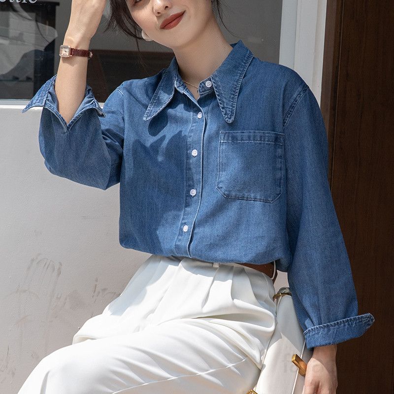 여성 데님 긴팔셔츠 봄가을 레이어드용 캐주얼 스타일 니치 디자인 라펠 블루 셔츠 홍콩 감성의 시크한 패션 상의 - 상세 이미지 3