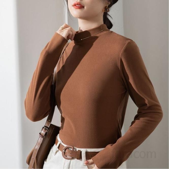 여성 긴팔 슬림핏 하이칼라 티셔츠 가을 데일리 따뜻한 착용감 레이어드 스타일 독일산 벨벳 소재 고급스러운 디자인 - 상세 이미지 5