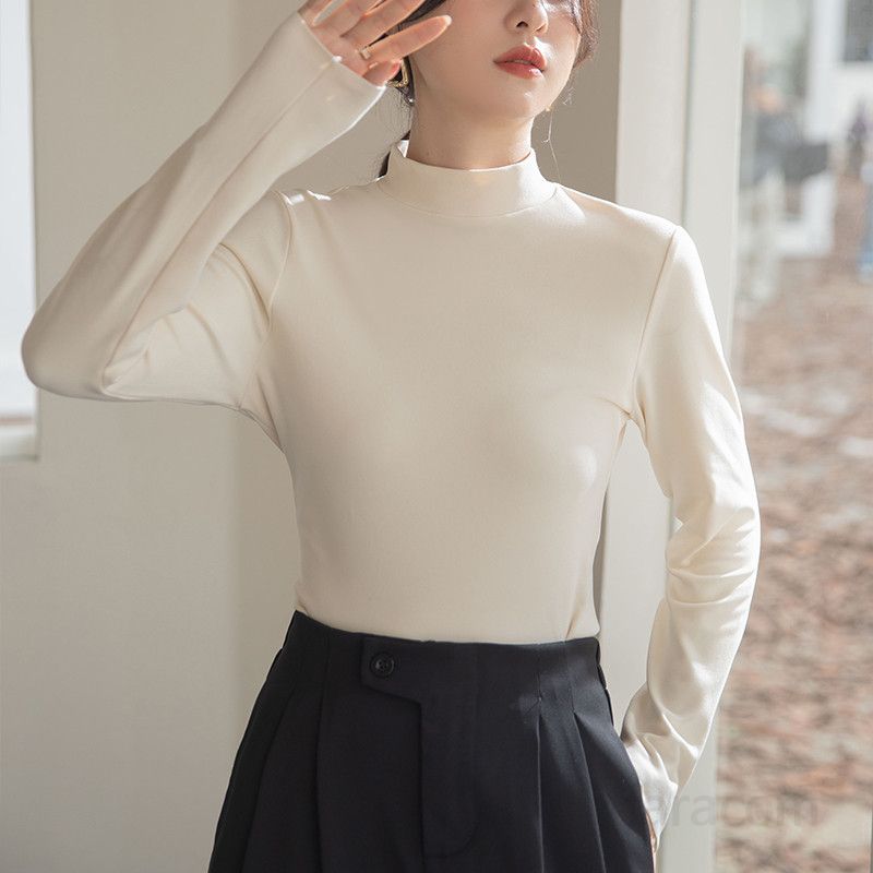 여성 긴팔 슬림핏 하이칼라 티셔츠 가을 데일리 따뜻한 착용감 레이어드 스타일 독일산 벨벳 소재 고급스러운 디자인 - 상품 이미지