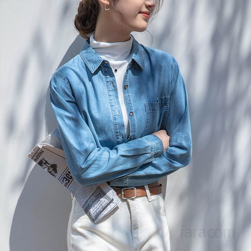 여성 루즈핏 데님셔츠 봄 가을 레트로 스타일 캐주얼 셔츠 오버핏 디자인 시크한 청남방 데일리룩 외출용 편안한 착용감 - 상세 이미지 2