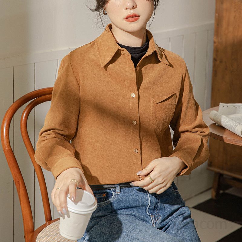 여성 커피색 코듀로이 긴팔 셔츠 가을 데일리 레이어드용 두꺼운 브러시드 셔츠 캐주얼 스타일 편안한 착용감 출퇴근용 모던한 디자인 - 상세 이미지 2