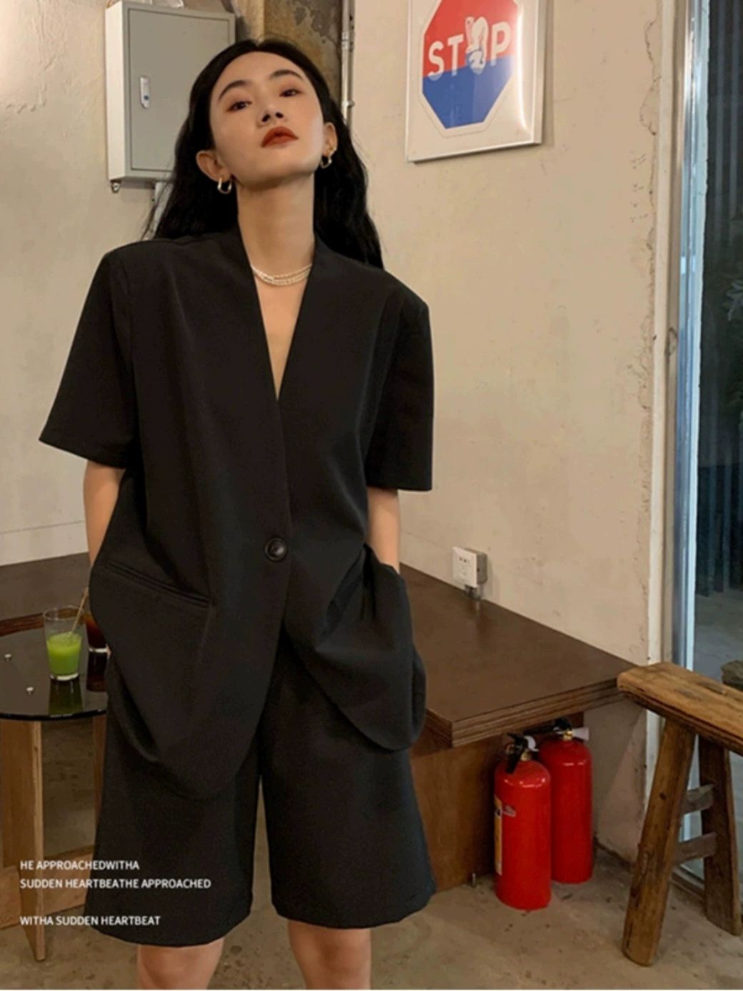 정장세트 여성수트셋업 반팔정장 여름정장셋업 블랙 외투+반바지 세트 S - 상세 이미지 2