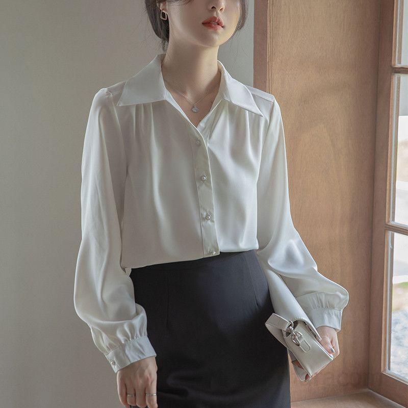 여성 브이넥 새틴 긴팔 블라우스 가을 페미닌 스타일 출퇴근용 고급스러운 정장 상의 인터뷰용 데일리 패션 - 상세 이미지 4