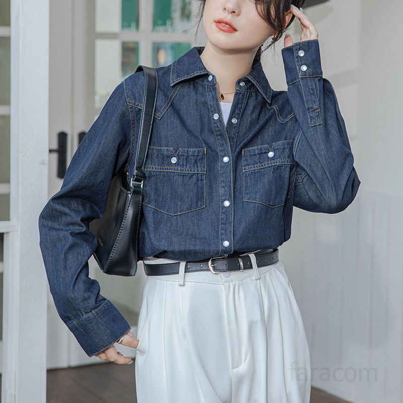 여성 데님 셔츠 루즈핏 봄 가을 레이어드 스타일 블라우스 구김없는 롱슬리브 탑 캐주얼한 홍콩 레트로 디자인 데일리 패션 - 상세 이미지 4