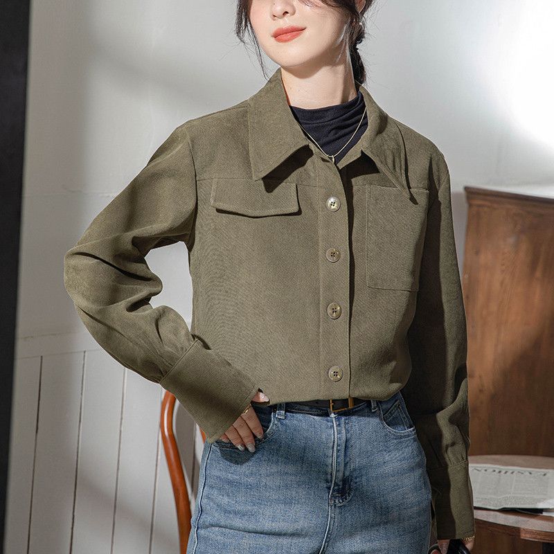 여성 코듀로이 긴팔셔츠 가을 데일리 캐주얼 오버핏 부드러운 착용감 브러시드 레이어드 스타일 직장 출퇴근용 모던한 디자인 - 상품 이미지