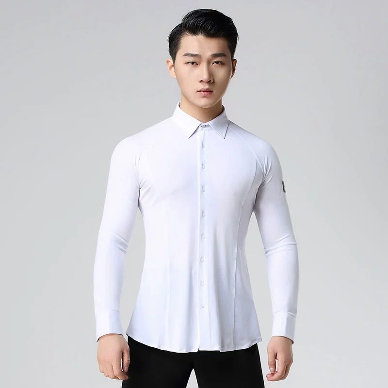 남자댄스복 남성 라틴 팬츠 브이넥 왈츠 대회 스포츠댄스 남성 슬림핏 긴팔 셔츠 블랙 S - 상세 이미지 4
