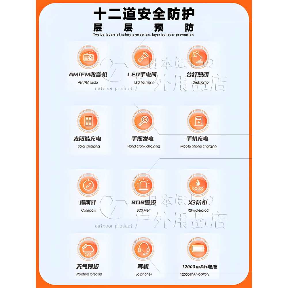 자가발전 라디오 키트 크랭크 손전등 태양광 충전식 주황색 12000mAh 태양광 - 상세 이미지 3