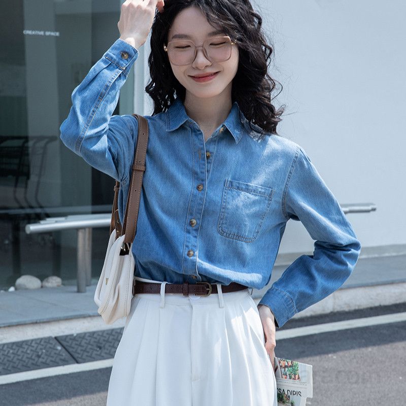 여성 소프트 데님 셔츠 레트로 블루 홍콩 스타일 가을 루즈핏 레이어드용 캐주얼 긴팔 청셔츠 데일리 착용감 편안한 모던한 디자인 쁘띠 탑 - 상세 이미지 2