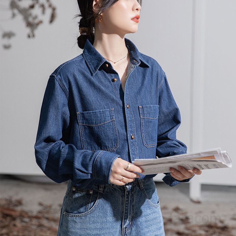 여성 데님 셔츠 루즈핏 긴팔 블라우스 봄 가을 레이어드 스타일 구김없는 캐주얼 남방 편안한 착용감 레트로 홍콩 패션 - 상세 이미지 2
