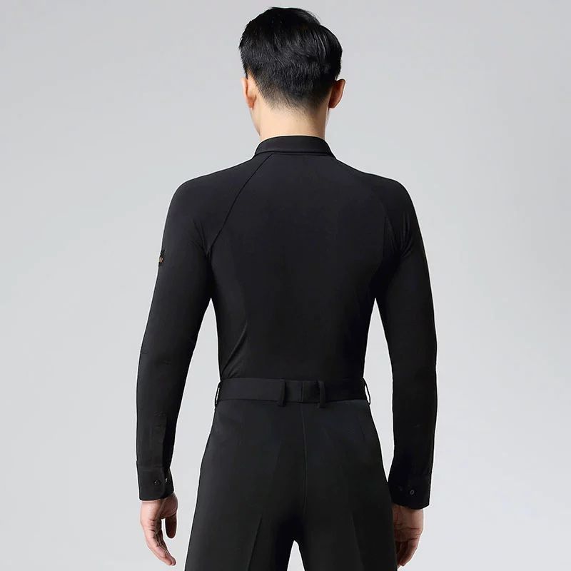 남자댄스복 남성 라틴 팬츠 브이넥 왈츠 대회 스포츠댄스 남성 슬림핏 긴팔 셔츠 블랙 S - 상세 이미지 5