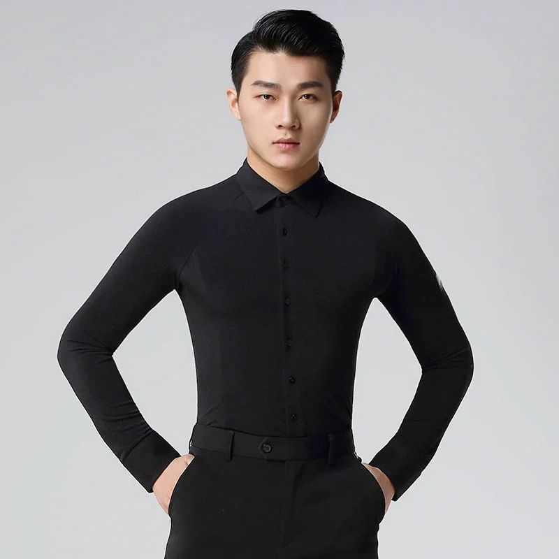 남자댄스복 남성 라틴 팬츠 브이넥 왈츠 대회 스포츠댄스 남성 슬림핏 긴팔 셔츠 블랙 S - 상품 이미지