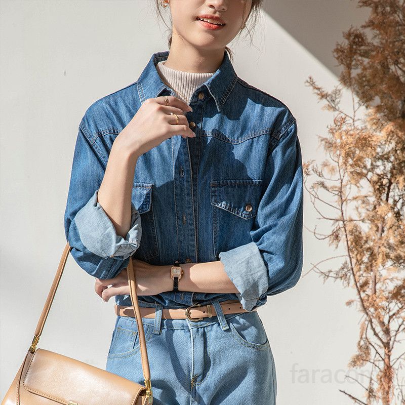 여성 데님 셔츠 탑 레트로 스타일 순면 워시드 소프트 긴팔 블라우스 캐주얼한 라펠 디자인 구김없는 편안한 착용감 데일리 여성의류 - 상품 이미지