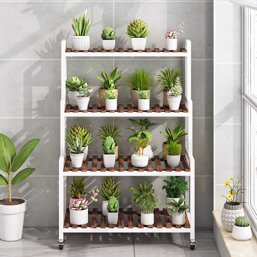 화분받침대 정리대 바퀴달린 철제 스탠드 원목 진열 검정 4단 바퀴 80x130cm - 상세 이미지 3