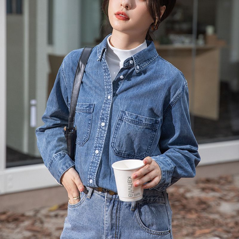 여성용 루즈핏 데님 셔츠 봄 가을 레이어드 스타일 레트로 감성 홍콩 무드 캐주얼 긴팔 청남방 시크한 코디 - 상세 이미지 3