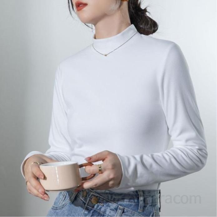 여성 긴팔 슬림핏 하이칼라 티셔츠 가을 데일리 따뜻한 착용감 레이어드 스타일 독일산 벨벳 소재 고급스러운 디자인 - 상세 이미지 3